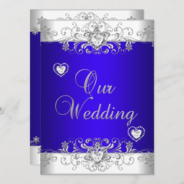Invitación Azul real Boda Plata Diamante Corazones (Anverso / Reverso)