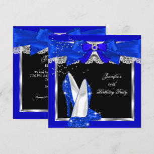 Invitación Azul Real Brillo Tacón Alto Plata Fiesta de Cumple