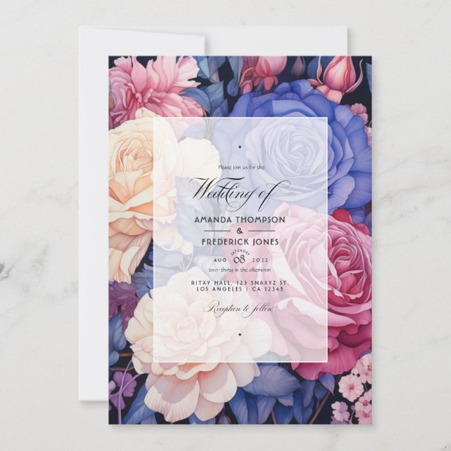 Invitación Azul real, champán, Rosa crema y Boda malva (Anverso)