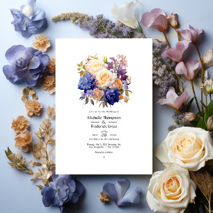 Invitación Azul real, champán, Rosa crema y Boda malva