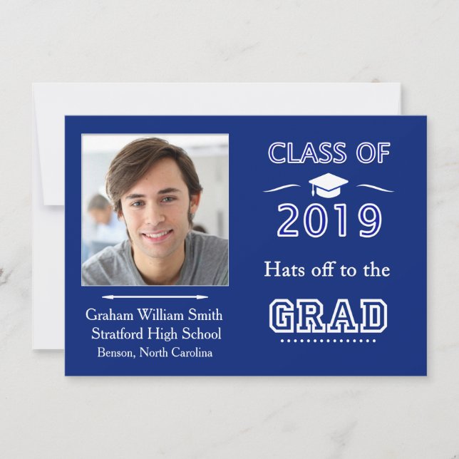 Invitación Azul real, clase del Partido de Graduación 2019 Fo (Anverso)