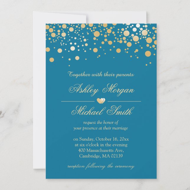 Invitación Azul real con Boda de puntos de polka de confetti  (Anverso)