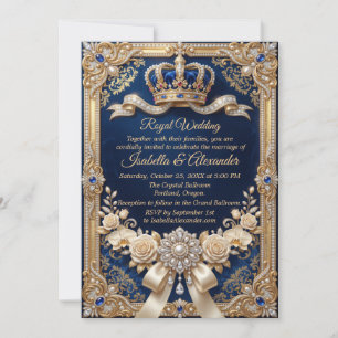 Invitación Azul Real Corona Perla Elegante Lujo