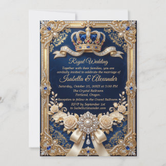 Invitación Azul Real Corona Perla Elegante Lujo