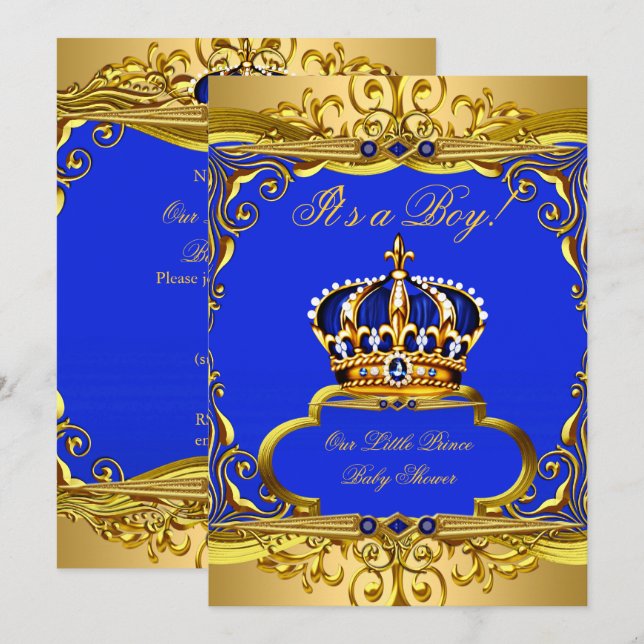 Invitación Azul Real Corona Príncipe Bebe Cumpleaños Niño (Anverso / Reverso)