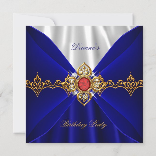Invitación Azul Real Cumpleaños Oro Rojo Joya Blanca Seda (Anverso)