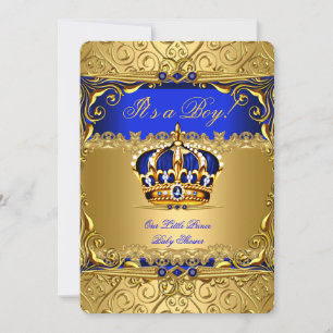 Invitación Azul Real Damasco Corona Dorada Shower para Niño b