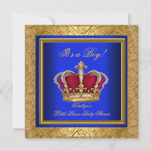 Invitación Azul Real Damasco Oro Baby Shower Niño Regio