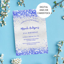 Invitación azul real de plata de cumpleaños