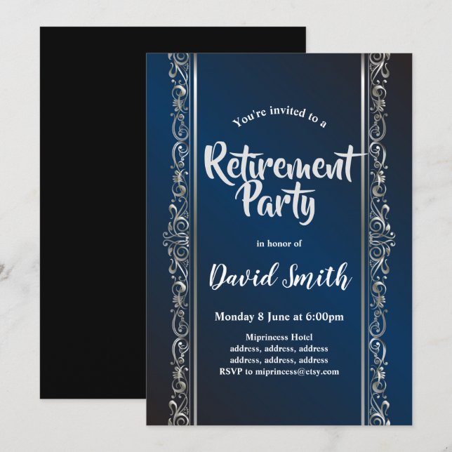 Invitación azul real, elegante, deslizante, fiesta de jubilac (Anverso / Reverso)