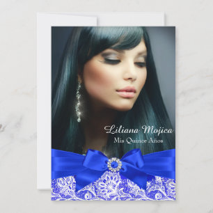 Invitación Azul Real Encaje y Lazo con Joyas Quinceanera