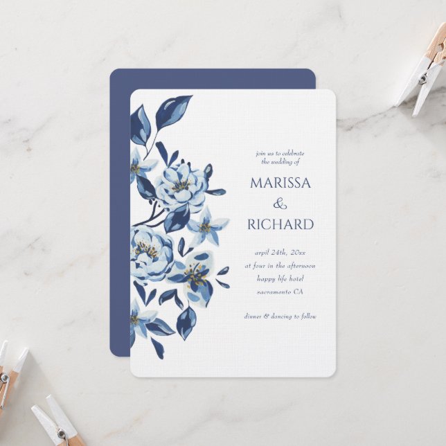 Invitación Azul Real Floral Botánico Blanco (Anverso/Reverso In Situ)