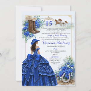 Invitación Azul Real Floral Charra Princesa 15 Años Española