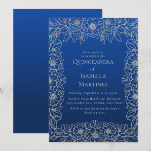 Invitación Azul Real Floral de Plata Quinceañera Dulces 15