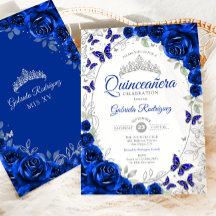 Azul Real Floral de Quinceañera Plateada