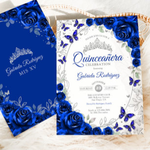 Invitación Azul Real Floral de Quinceañera Plateada