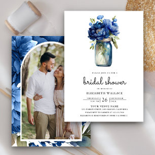 Invitación Azul Real Floral Jarra de Mason Foto Ducha Nupcial