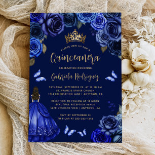 Invitación Azul Real Floral Princesa Quinceañera