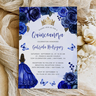 Invitación Azul Real Floral Princesa Quinceañera Acuarela