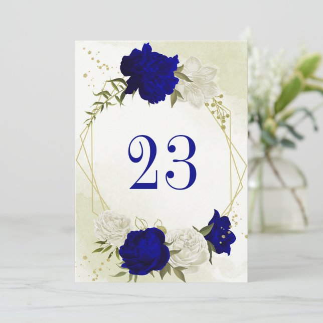 Invitación azul real flores blancas hojas verdes número de me (Anverso de pie)