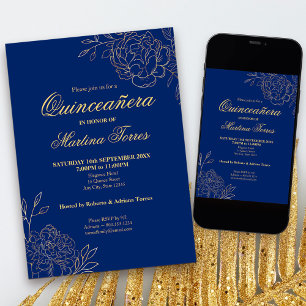 Invitación Azul Real Flores con Contorno de Oro Quinceañera
