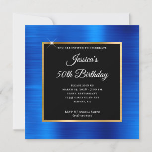 Invitación Azul Real Foil Oro y Negro Cumpleaños 50