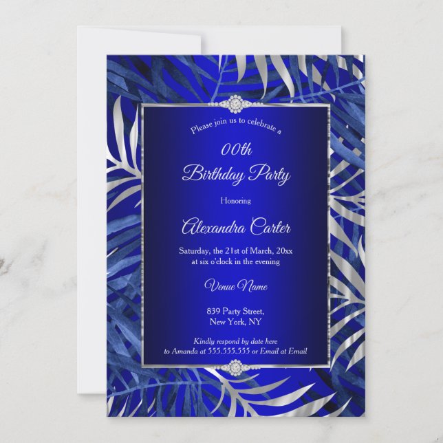 Invitación Azul Real Gris Plateado Palma Diamante Fiesta de C (Anverso)