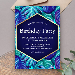 Invitación Azul Real Hojas Tropicales de Pan de Oro Cumpleaño