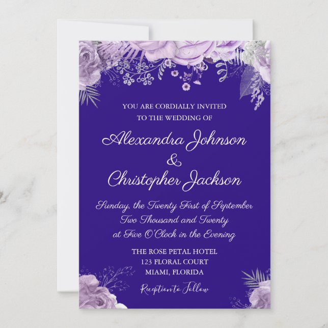 Invitación Azul real, lavanda blanca Boda púrpura (Anverso)
