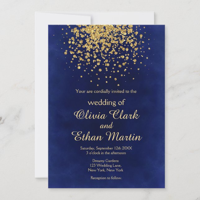 Invitación Azul real moderno con confetti de oro (Anverso)