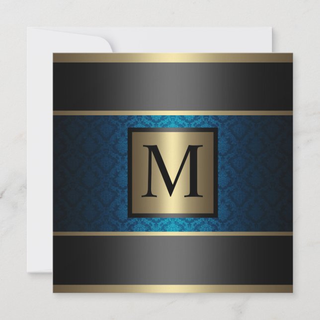 Invitación Azul real, negro y oro del damasco del monograma (Anverso)