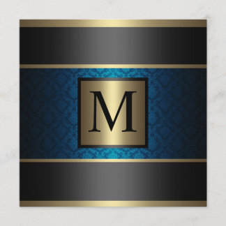 Invitación Azul real, negro y oro del damasco del monograma