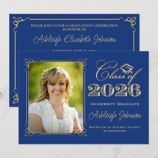 Invitación Azul Real, Oro Clase de 2026 Foto Graduación