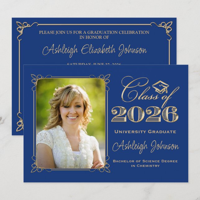 Invitación Azul Real, Oro Clase de 2026 Foto Graduación (Anverso / Reverso)