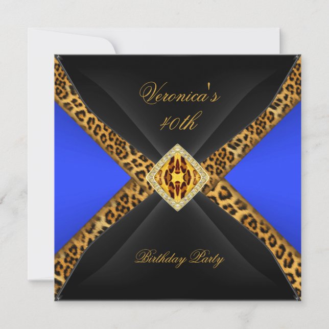 Invitación Azul Real Oro Leopardo Negro Joya Cumpleaños 40 (Anverso)