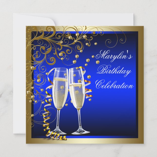 Invitación Azul Real Oro Mujer Azul Oro Cumpleaños (Anverso)