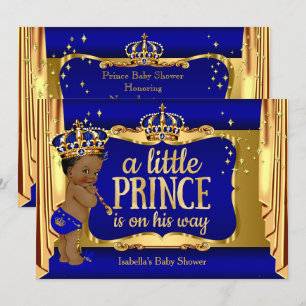 Invitación Azul Real Oro Niño Príncipe Baby Shower Étnico