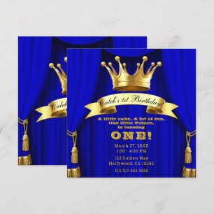Invitación Azul Real Oro Príncipe Heredero Corona Cumpleaños 