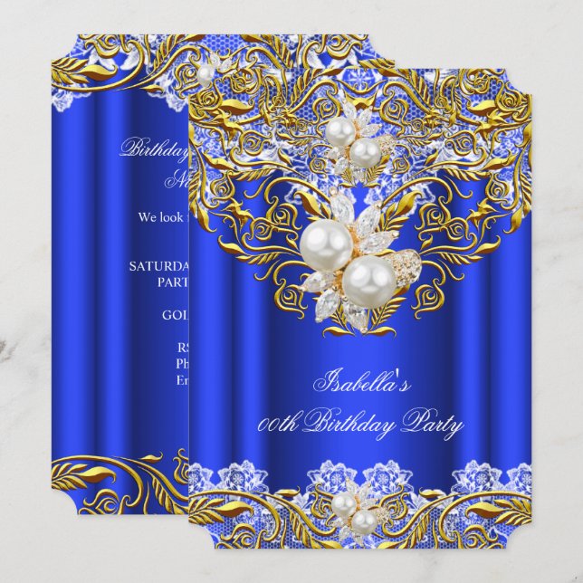Invitación Azul Real Perla Dorada Fiesta de Cumpleaños Elegan (Anverso / Reverso)