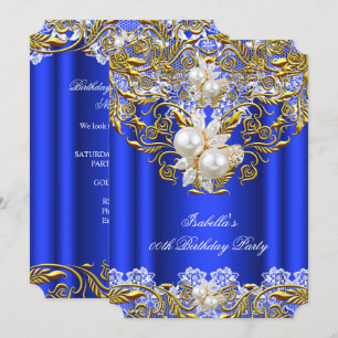 Invitación Azul Real Perla Dorada Fiesta de Cumpleaños Elegan