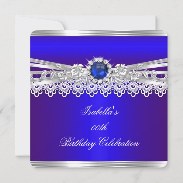 Invitación Azul Real Plata Blanco Perla Encaje Floral Cumplea (Anverso)