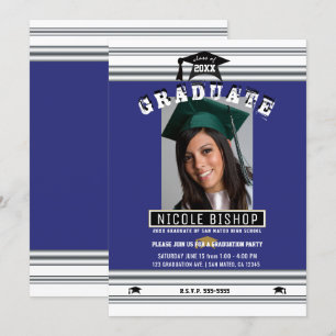 Invitación Azul Real Plateado Elegante Fiesta de Graduación F