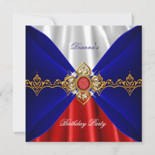 Invitación Azul Real Rojo Blanco Cumpleaños Oro Seda Joyas