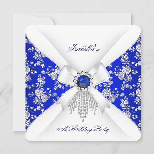 Invitación Azul Real Rosa Blanca Damasco Cumpleaños Perla (Anverso)