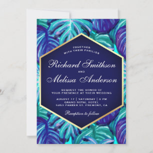 Invitación Azul Real Turquesa Hoja de Oro Tropical Hojas Boda