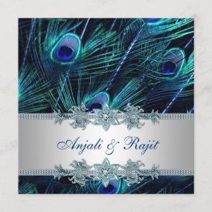 Invitación Azul real y boda de plata del pavo real del azul