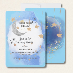 Invitación Azul Real Y Dorado Abstracto Luna Estrellas