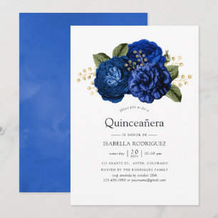 Invitación Azul Real y Floral de Quinceañera Dorada