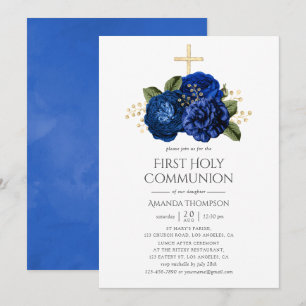 Invitación Azul Real y Floral Dorado Primera Comunión