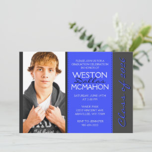 Invitación Azul Real y Gris de Raya Foto Graduación